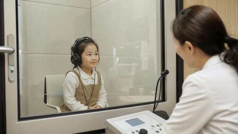 방음실에서 소리 반응을 확인하는 소아 청력검사 장면입니다.