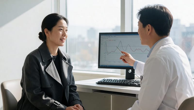이비인후과에서 코골이 원인과 검사에 대해 상담받는 모습