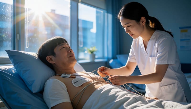 수면다원검사는 신체 각 부위에 부착한 센서로 코골이와 호흡 상태를 함께 기록합니다.