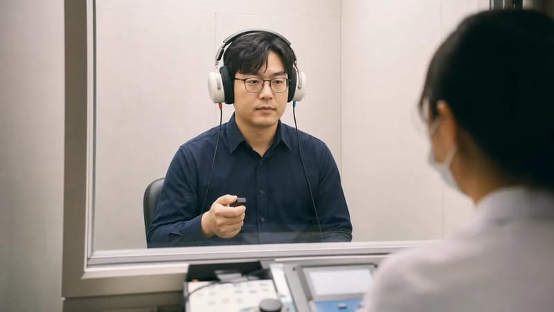 순음청력검사는 메니에르병 진단 과정에서 저음역대 변동성 난청을 확인하는 핵심 검사입니다.
