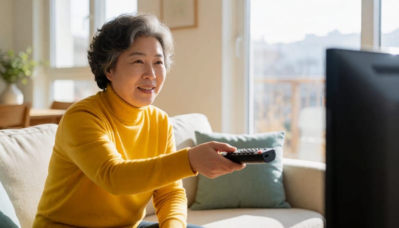 집에서 텔레비전 볼륨을 평소보다 높이는 모습