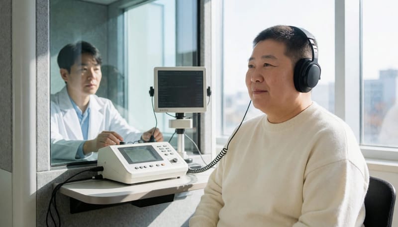 순음청력검사는 주파수별로 들을 수 있는 가장 작은 소리 크기를 측정합니다.