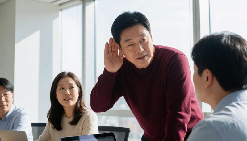 대화 중 되묻는 일이 잦아지고 여러 사람이 말하는 자리를 피하게 된다면 난청의 신호일 수 있습니다.