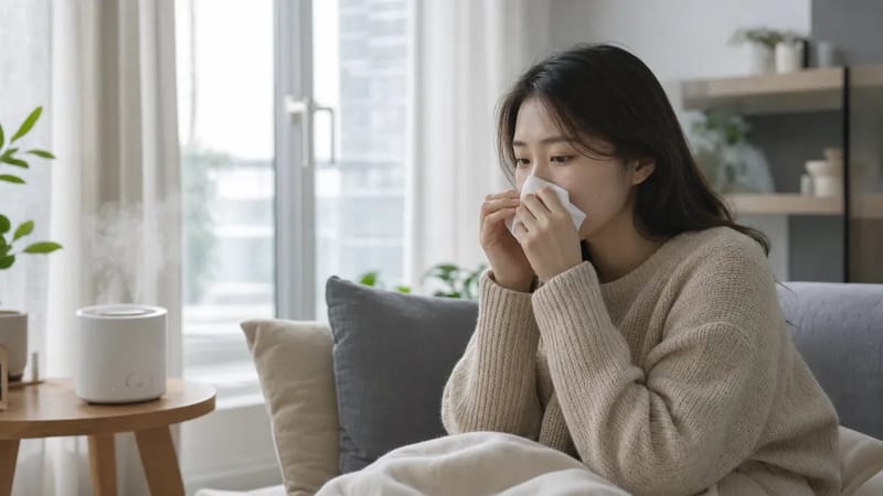 환절기 건조한 실내에서는 가습기로 습도를 유지하는 것이 침 분비와 목 점막 보호에 도움이 됩니다.