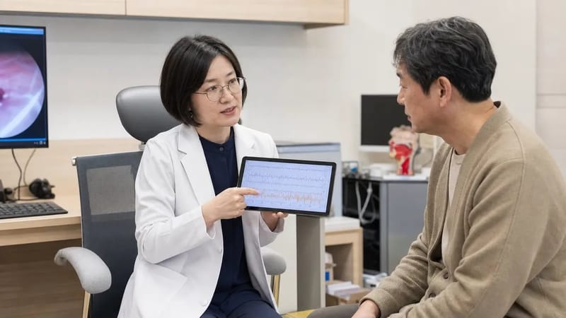 수면다원검사 전 검사 과정을 안내받는 상담 장면