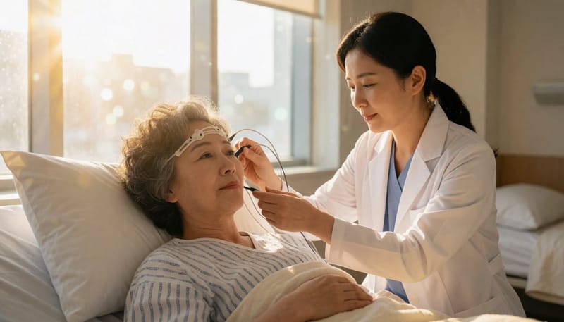 검사실에서는 뇌파, 호흡, 산소포화도 등을 측정하는 센서를 부착한 채 하룻밤을 보냅니다.