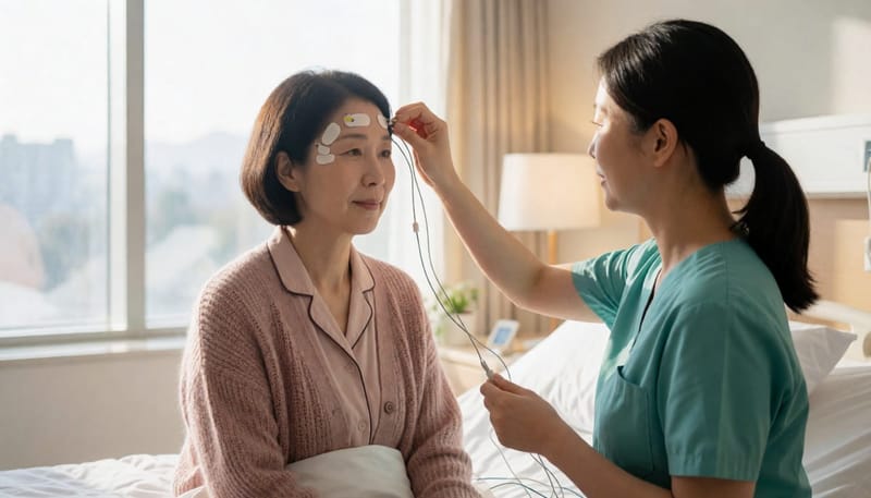 검사 기사가 수면다원검사를 위해 환자의 머리에 전극을 부착하는 모습