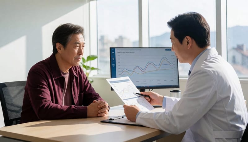 의사가 수면다원검사 결과지를 환자와 함께 확인하는 모습