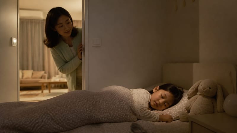 저녁 취침 시간이 규칙적으로 자리 잡는 늦여름, 아이의 잠든 모습을 살피는 보호자