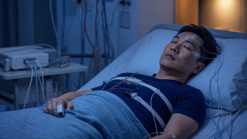 병원에서 진행하는 수면다원검사는 뇌파와 호흡, 산소포화도 등을 밤새 함께 기록합니다