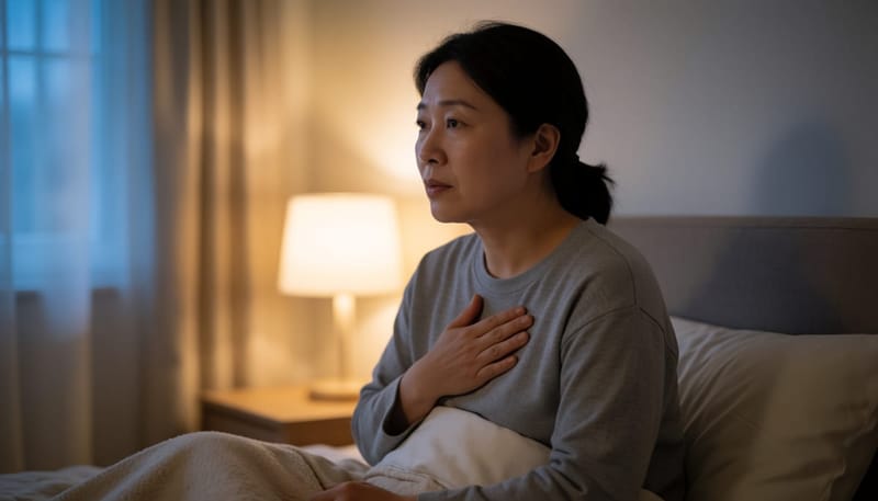 밤에 침대에 앉아 가슴에 손을 얹고 있는 여성의 모습