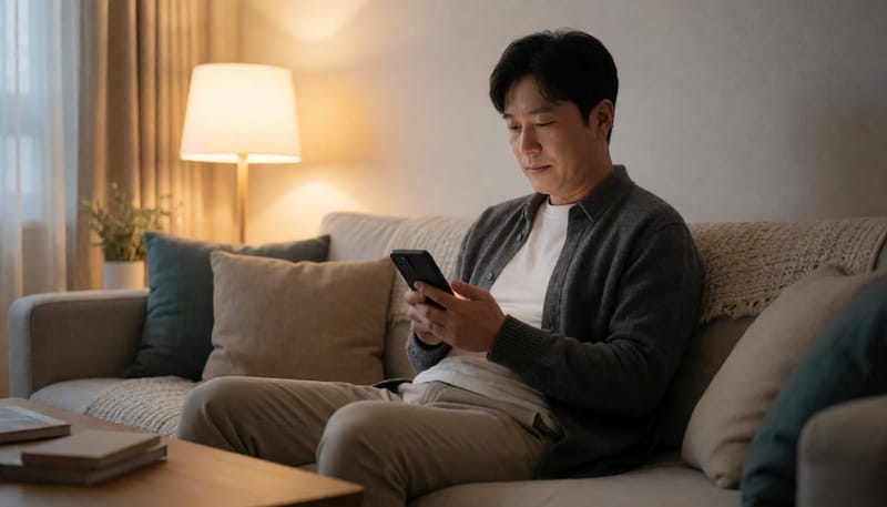 집에서 간이 수면검사 장비를 착용한 남성이 소파에 앉아 있는 모습
