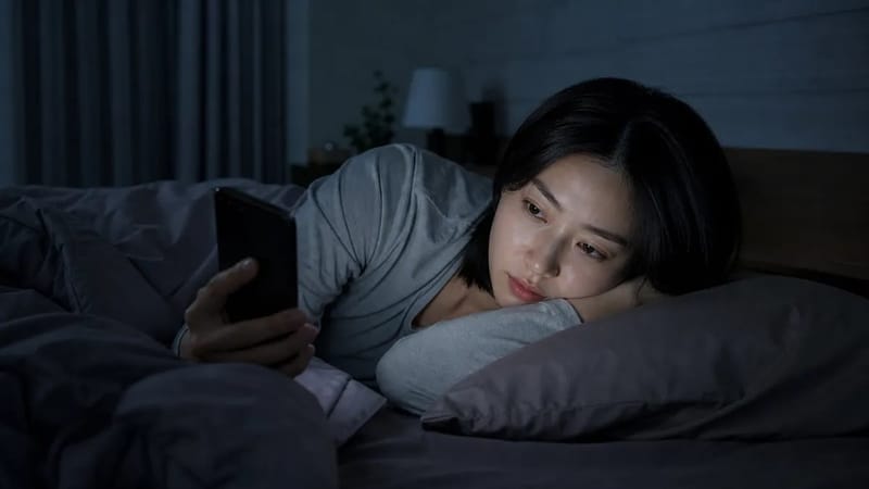 밤늦게까지 스마트폰 불빛 아래 잠들지 못하는 모습