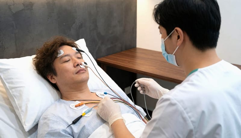 수면다원검사 중 뇌파와 호흡을 함께 기록하는 모습