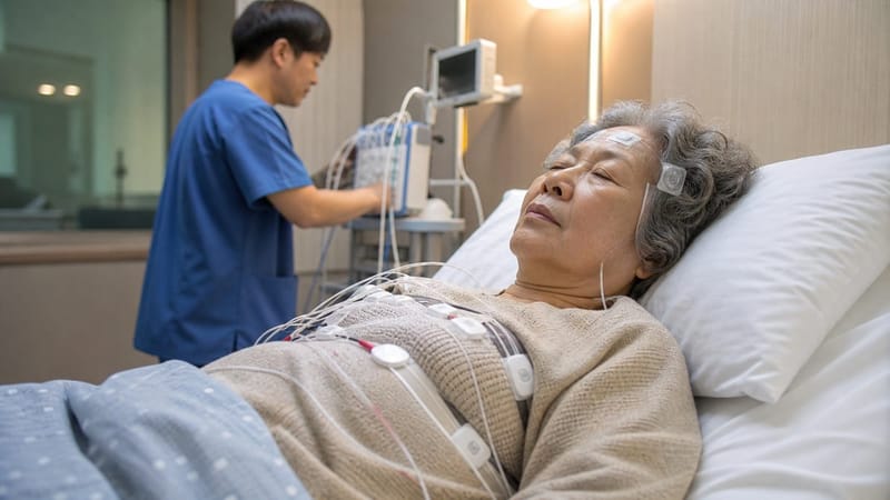 수면다원검사는 하룻밤 동안 뇌파와 호흡, 산소포화도를 함께 기록합니다.