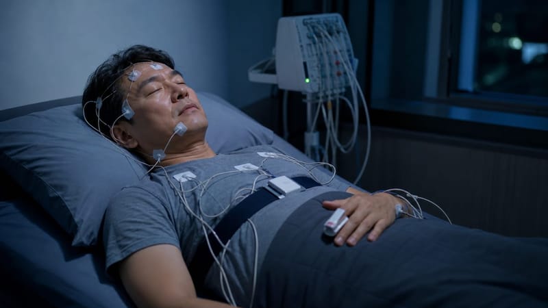수면다원검사는 하룻밤 동안 뇌파와 호흡, 산소포화도 등을 함께 기록합니다.