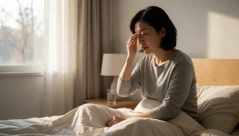 아침에 개운하지 않은 표정으로 침대에서 일어나 눈을 비비는 여성