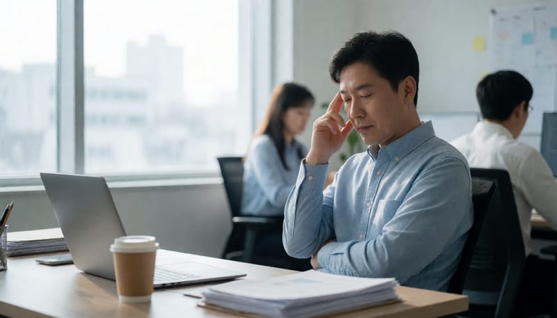 낮에 사무실 책상에서 졸음을 참으며 피곤해하는 직장인 남성