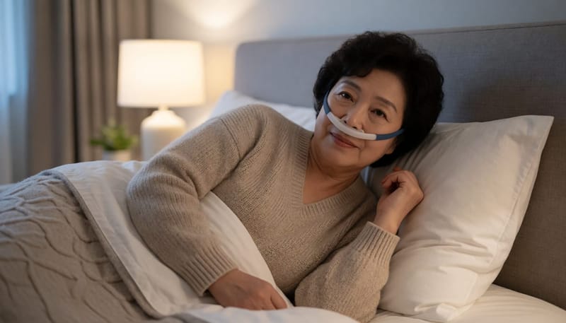 양압기 마스크를 착용한 채 잠자리에 든 모습
