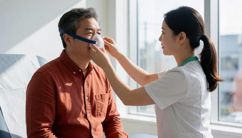 수면다원검사 후 처방받은 압력에 맞춰 마스크를 맞춰보는 과정입니다.