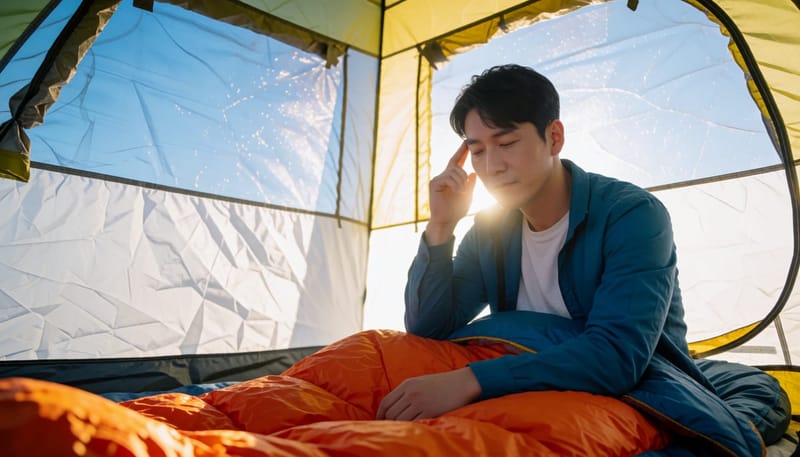 텐트 안에서 아침에 일어나 머리를 짚고 있는 남성