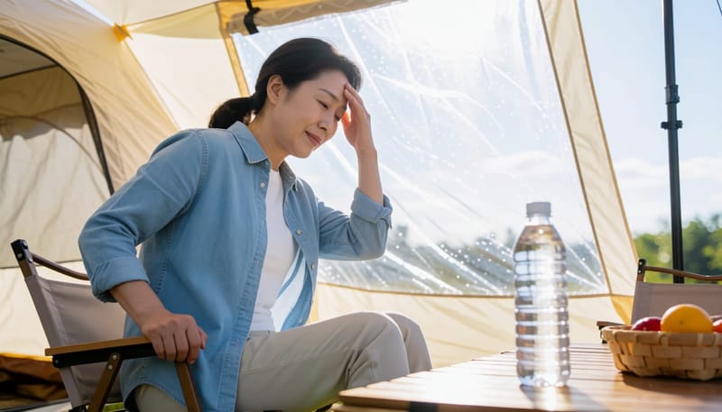 캠핑 의자에 앉아 어지러움을 느끼는 여성