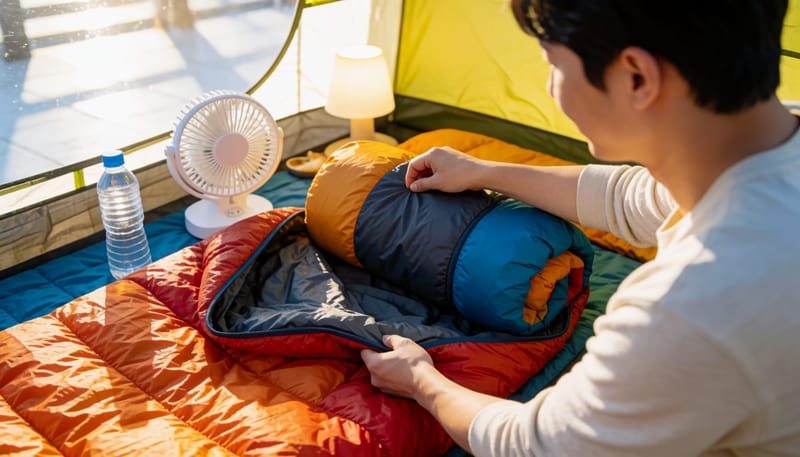 수면 환경을 조정하는 손과 텐트 안 침낭