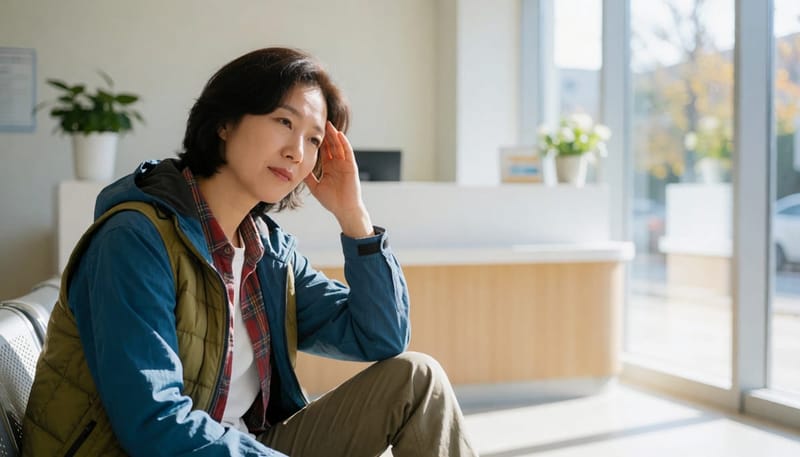 병원 대기실에 앉아 있는 여성