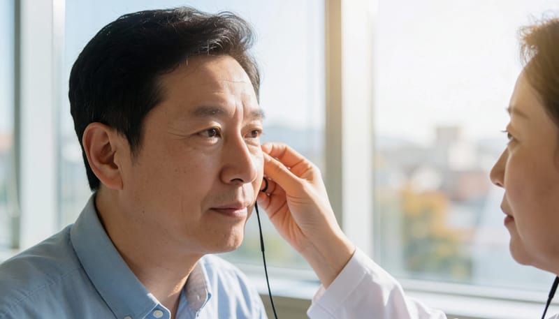 청력검사 중 귀에 측정 기구를 대고 있는 모습