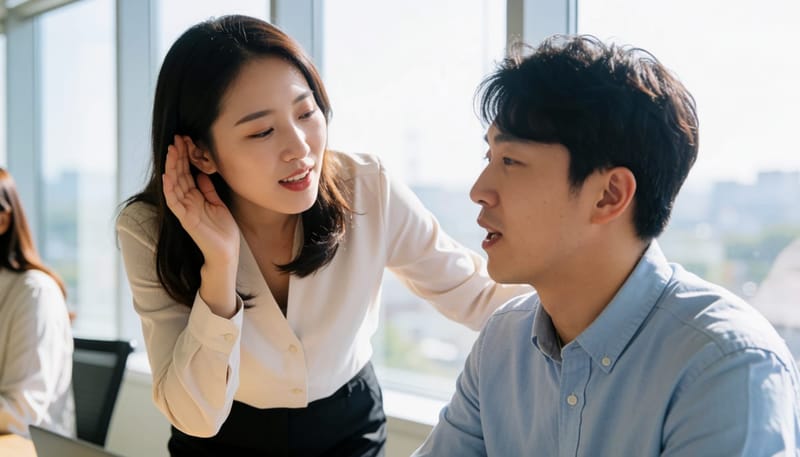 회의 중 상대방 말을 다시 확인하는 여성