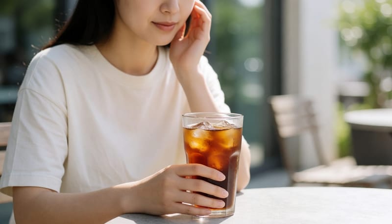 더운 여름 카페 테라스에서 얼음 가득한 아이스커피를 마시다 이가 시려 뺨을 만지는 20대 여성