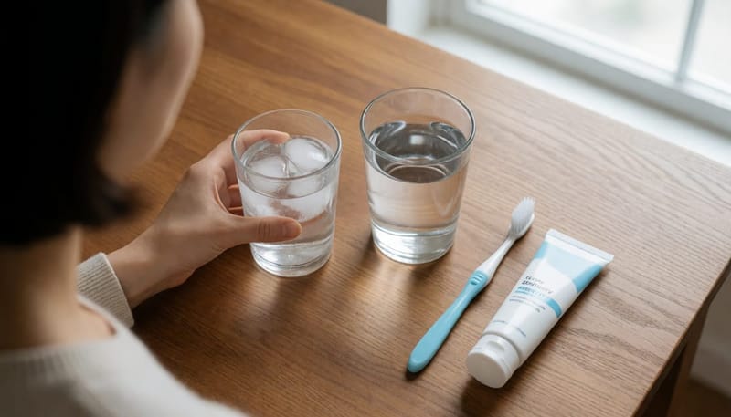 위에서 내려다본 구도로 얼음물 대신 미온수와 시린이용 치약, 부드러운 칫솔을 정리해둔 식탁