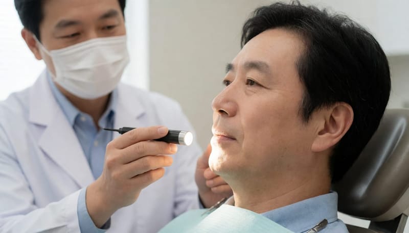 치과 진료의자에서 의사가 조명 기구로 중년 남성의 잇몸 부위를 살펴보는 옆모습