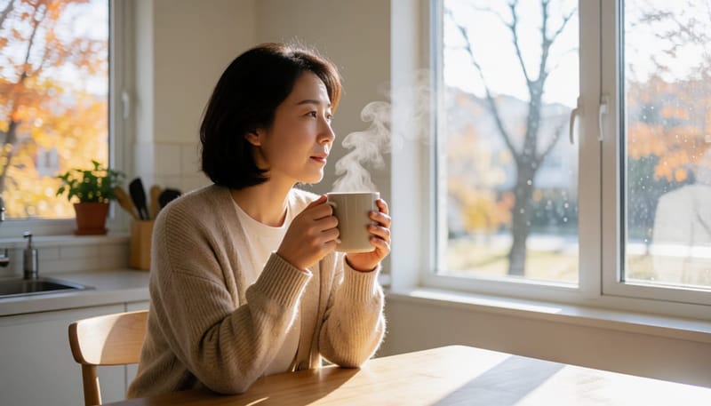쌀쌀한 아침, 카디건을 입고 따뜻한 차를 손에 쥔 채 창밖을 바라보는 여성
