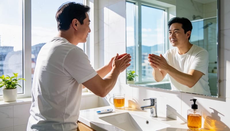 손끝이 차가운 것을 느끼며 거울 앞에서 체온을 신경 쓰는 남성