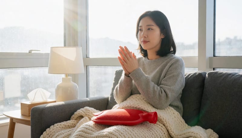 담요를 덮고 손을 비비며 몸의 신호를 느끼는 여성