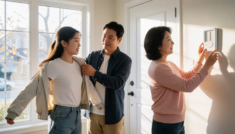 아침 외출 전, 실내 온도계를 확인하며 겉옷을 챙기는 가족