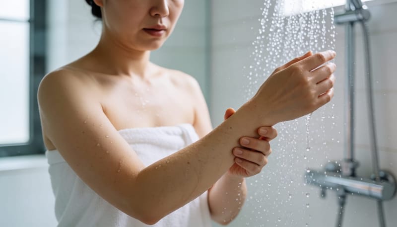 찬물 샤워 후 팔에 두드러기가 올라와 살펴보는 여성
