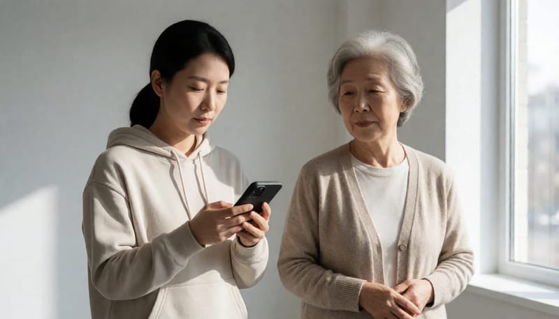 20대와 60대 여성이 함께 있는 대비되는 생활 장면