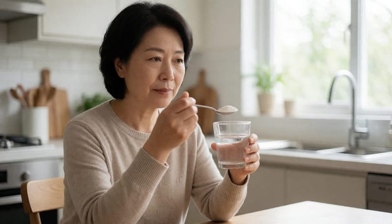 콜라겐 보충제를 살펴보며 고민하는 모습