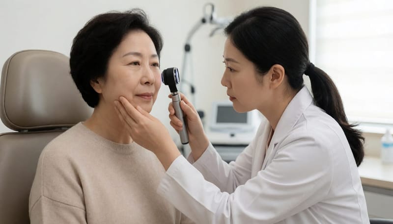 피부과에서 진료를 받는 환자와 의사의 모습