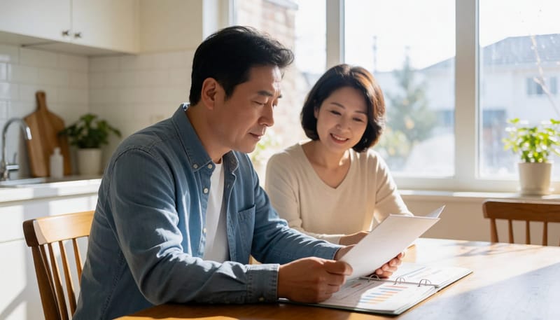 가족 건강기록을 살펴보며 대장암 위험을 확인하는 중년 남성