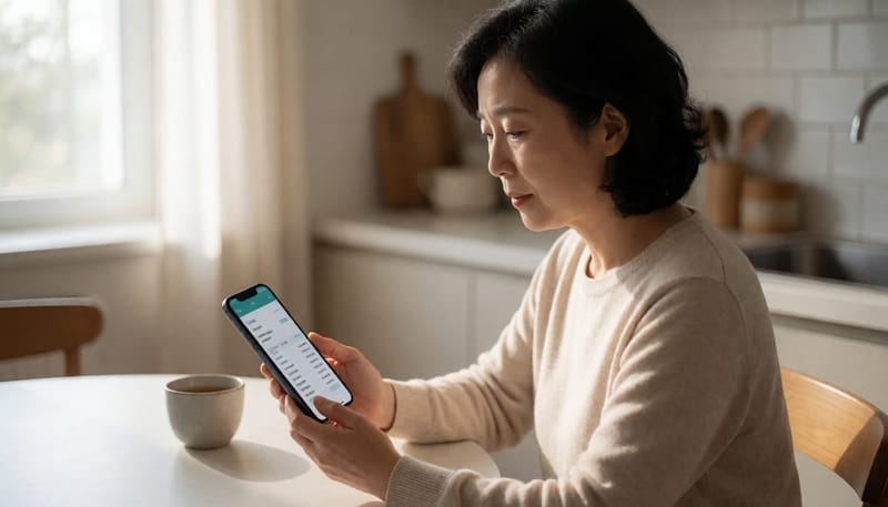 대장내시경 비용을 확인하며 고민하는 40대 여성