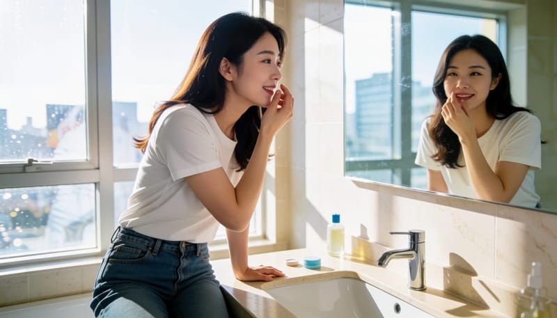 욕실 거울 앞에서 렌즈를 뺀 뒤 눈 상태를 확인하는 여성