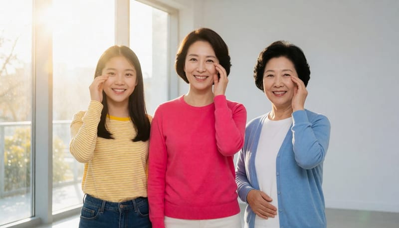 연령대가 다른 세 사람이 나란히 서서 각자 눈을 만지는 모습