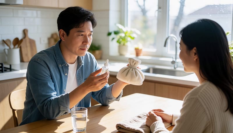 안약과 냉찜질 중 무엇을 선택할지 고민하는 남성