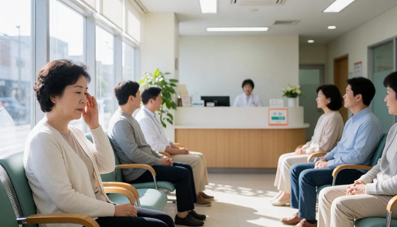 눈이 심하게 불편해 병원 대기실에 앉아있는 여성