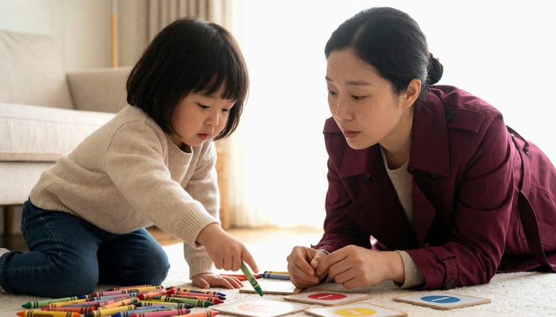 아이가 초록 크레용을 빨강이라 부르며 혼란스러워하는 모습을 엄마가 지켜보는 장면