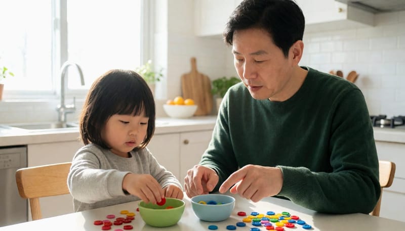 아빠와 아이가 집에서 색깔별로 단추를 나누며 색 구분을 점검하는 모습