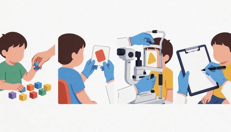 가정 점검부터 소아과 선별검사, 전문 안과 검사, 추적 관리까지 시기별 순서를 보여주는 과정 그림